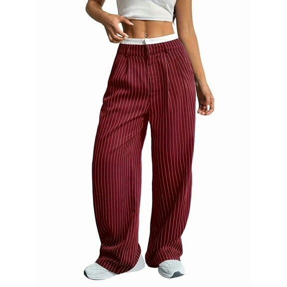 Womens Baggy Wide Leg Pants Casual Stripe Elastic Waisted Palazzo Harem Pants with Pockets Wine Red L