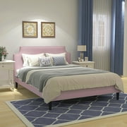Alazyhome Queen Size Upholstered Platform Bed, Wood Slat Support and Metal Frame, Pink