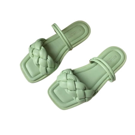 

Women s Square Open Toe Flat Sandals Braided Strap Slip-on Slides Woven Sandals For Girl Summer Travel Daily Wear Green 39 1pair