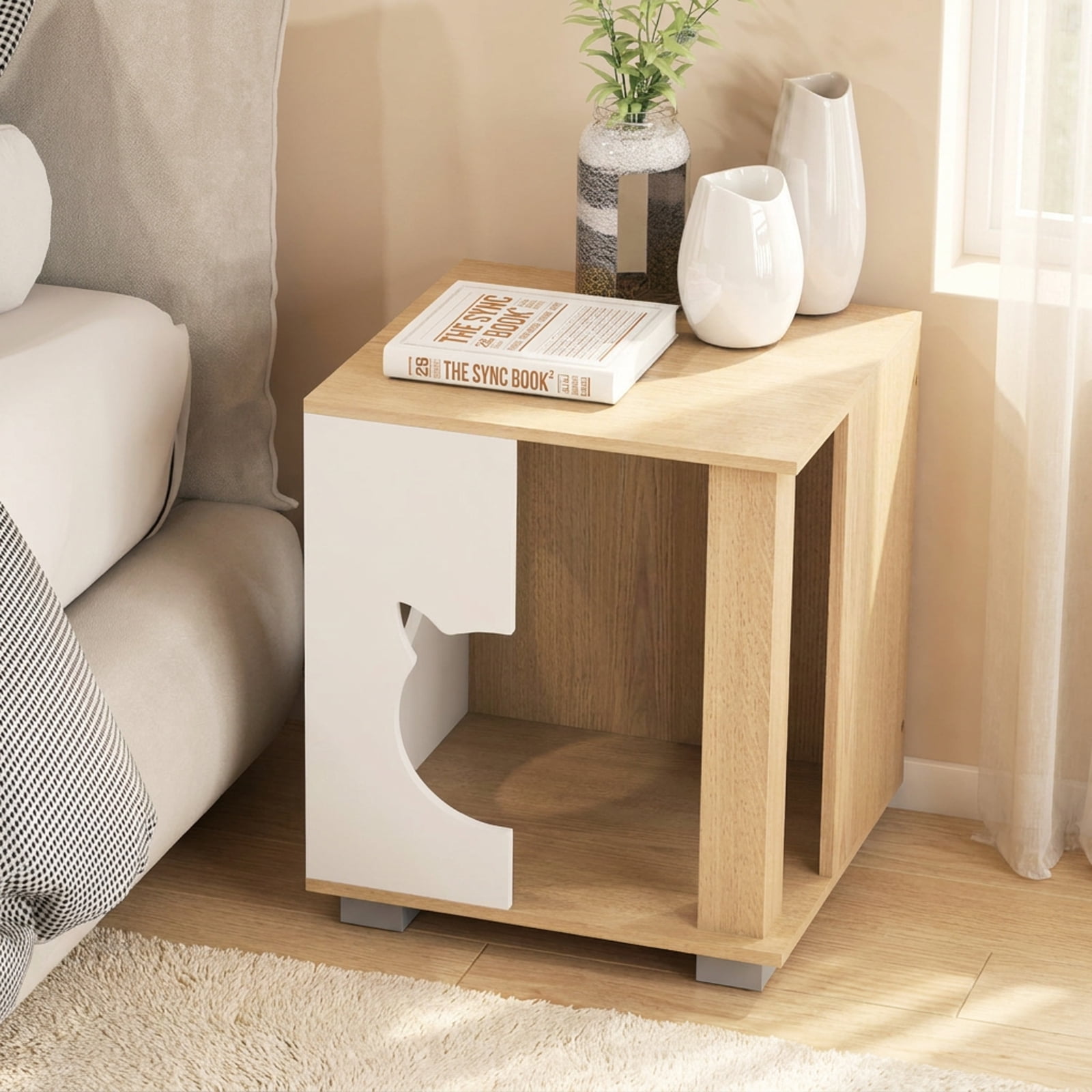 SUGIFT Wooden Cat Condo Side Table, Semi Enclosed Modern Pet House End Table Nightstand with Kitty Head Shaped Entry, Thick Metal Legs and Ventilated Hideaway for Living Room Bedroom, Natural