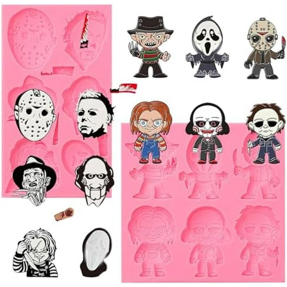 2 Pcs Halloween Cake Decoration Fondant Molds Horror Cartoon Character Silicone Molds for Horror Party Chocolate Cookies Jelly Mousse Dough Gum Pudding DIY Epoxy Resin Polymer Clay
