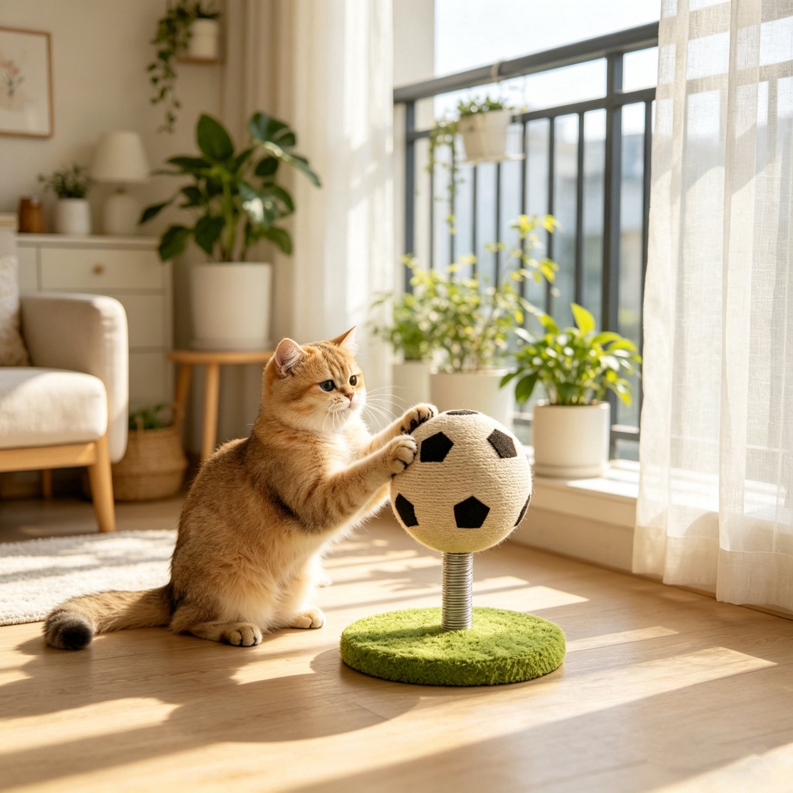 Cadancy Cat Scratching Post Soccer Ball Design, Interactive Cat Toy with Sisal Rope Scratcher, Spring Mounted Kitten Play Ball for Indoor Exercise, Claw Grinding Pet Activity Center