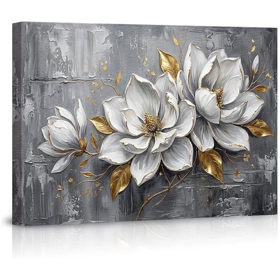 Modern White Magnolia Floral Wall Art Gold Gray Canvas Prints Living Room