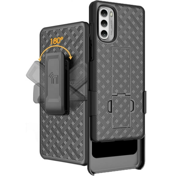 Case with Clip for Moto G Stylus 4G (2022), Nakedcellphone Slim Hard Shell Phone Cover with Kickstand and [Rotating/Ratchet] Belt Hip Holster Combination - Black Tread