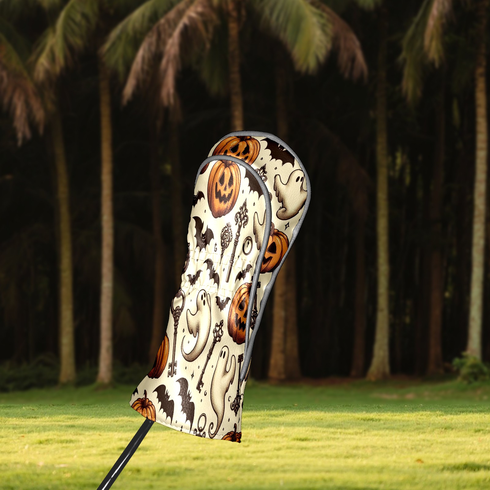 Golf Club Head Covers LightBrown Pumpkin Ghost Key for Driver and Fairway Woods, Premium PU Leather, Waterproof, Velvet Lining, Unisex Golf Gift