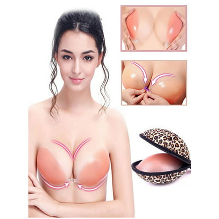 iClover Reusable Self-adhesive Silicone Push Up Strapless Backless Stick On Invisible Bras & Storage Box for Wedding Party Swimming,Classic Thin Cup