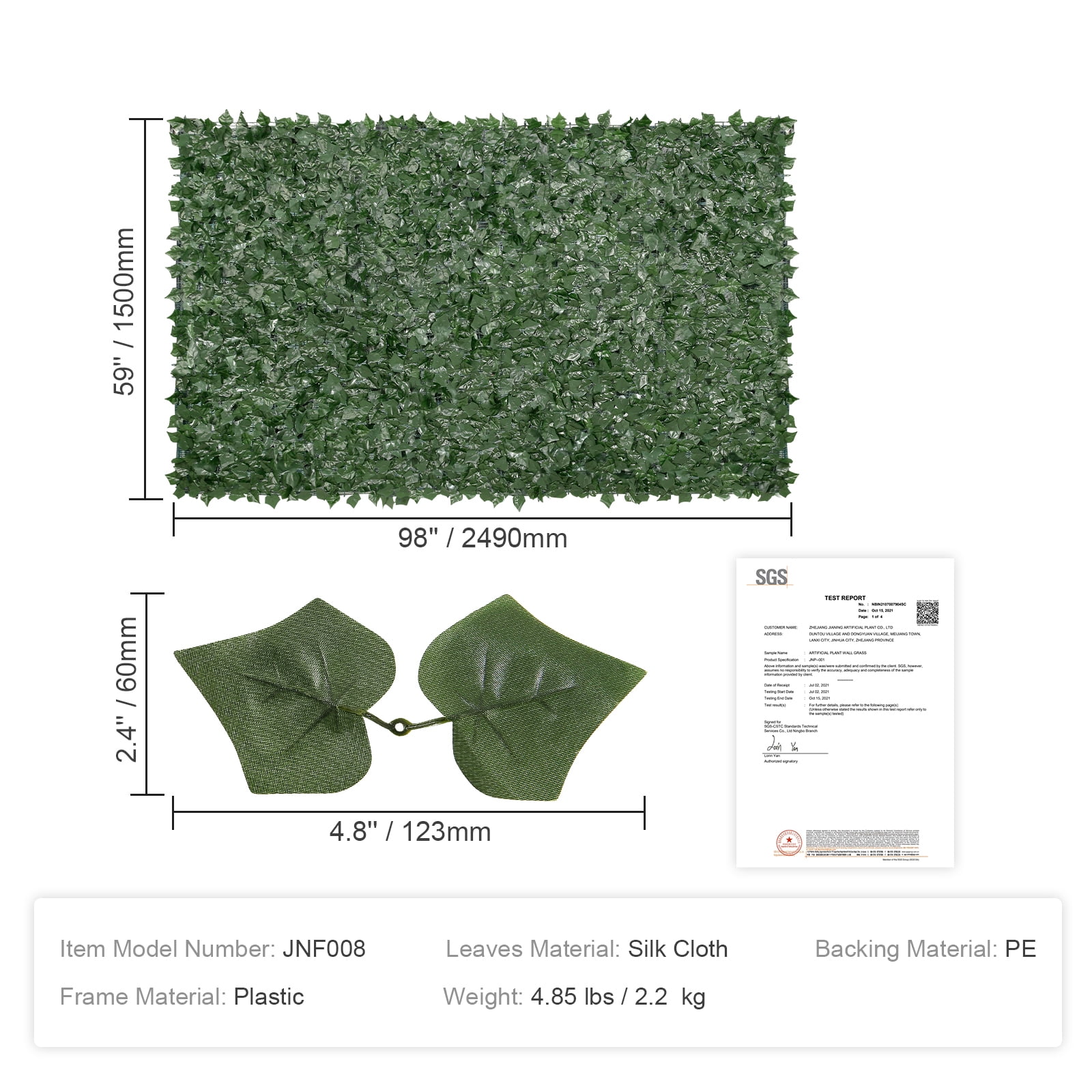 KFFKFF Artificial Ivy Privacy Fence, 59 x 98 in Green Wall Screen with Mesh Backing and Reinforced Joints, Decorative Faux Hedge for Outdoor Spaces like Gardens, Yards, and Balconies