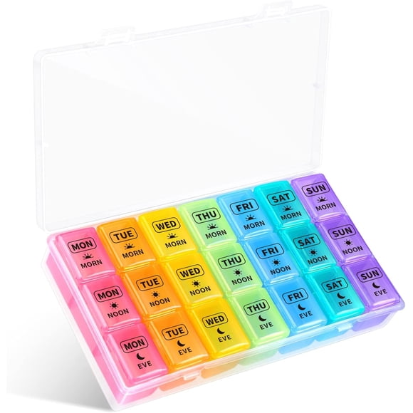 Organisateur de Boîte à Pilules Opret 7 Jours, Distributeur de Pilules Hebdomadaire 3 Fois par Jour avec Étui pour Voyage, Planificateur de Contenant pour Vitamines et Huile de Poisson Sans BPA (Couleur Arc-en-Ciel)