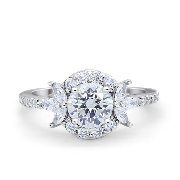 Halo Floral Wedding Ring Marquise Simulated Cubic Zirconia 925 Sterling Silver Size 5