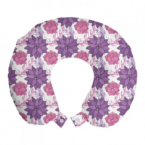 Floral Travel Pillow Neck Rest, Succulent Blossoms Botanical Flower Petals Wild Spring Foliage Meadow, Memory Foam Traveling Accessory Airplane and Car, 12", Pink Violet and White, by Ambesonne