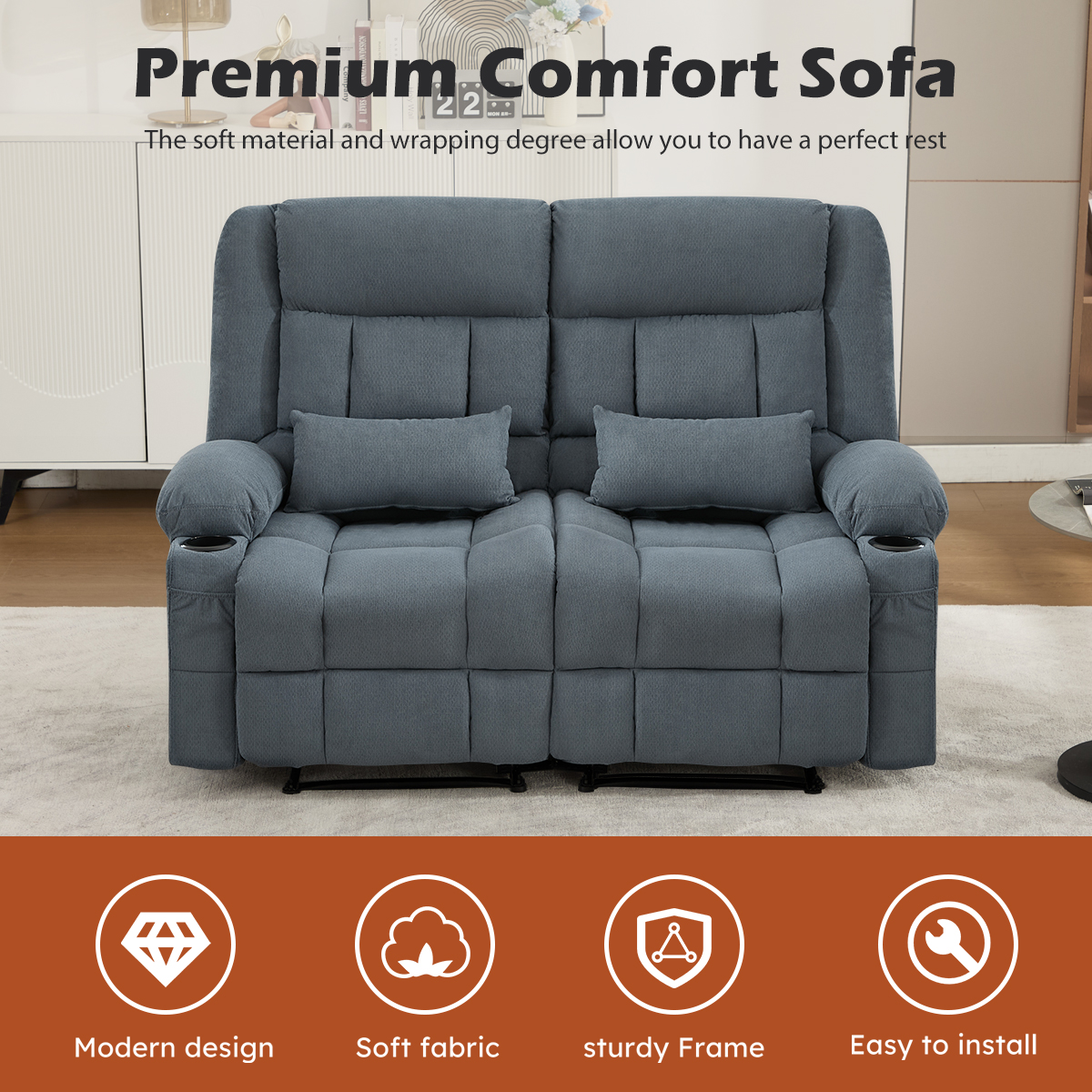 MAYEERTY Recliner Loveseat with Cup Holders, Manual Reclining Sofa Love Seat for Living Room