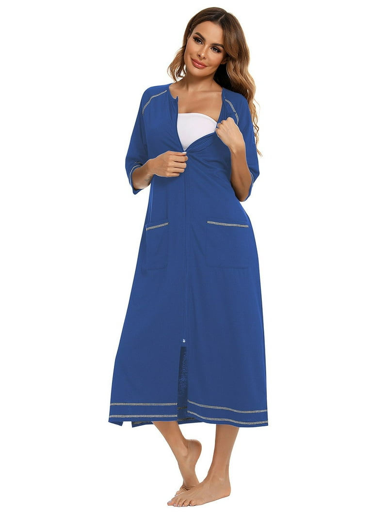 Cathalem Women's Sleepwear Womens Robes, House Dresses for Elderly Women,  Summer Robe for Women Lightweight with Pocket, Long Zip Up House Coat 3/4  Sleeve Nightgowns (Blue,XL) - Walmart.com