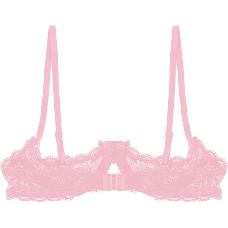 YONGHS Women Lace Sheer Push Up Bra 1/4 Quarter Cup Underwired Bralette  Lingerie Dusty Pink XL 