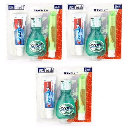 Dr Fresh Dental Travel Kit Crest Toothpaste Scope Mouthwash Toothbrush w/ Case (3 packs)