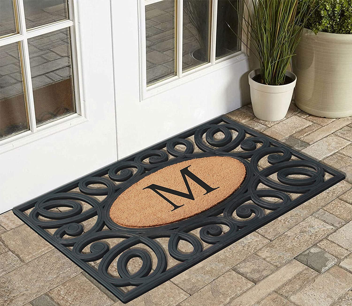 A1HC Elegant Circles Rubber and Coir Mat for Outdoor Entrance Heavy Duty Monogrammed Doormat Black/Beige 23x38