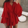 thumbnail image 4 of ZQUUVOU Lace Up Silk Dress for Women Long Sleeve Solid Color V Neck Flared Cuff Asymmetrical Hem Elegant Cocktail Dress Red, 4 of 7