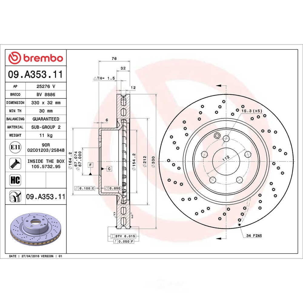 Brembo 09.A353.11 BRAKE ROTORS Fits select: 2002 MERCEDES-BENZ S 430, 2000-2001 MERCEDES-BENZ S 500
