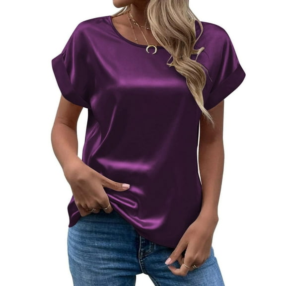 SHITINN Spring and Summer Women's Short Sleeved Satin Shirt Loose Casual Round Neck T Shirt Short Sleeve Tops for Women Shirts for Women Trendy Shirts for Women
