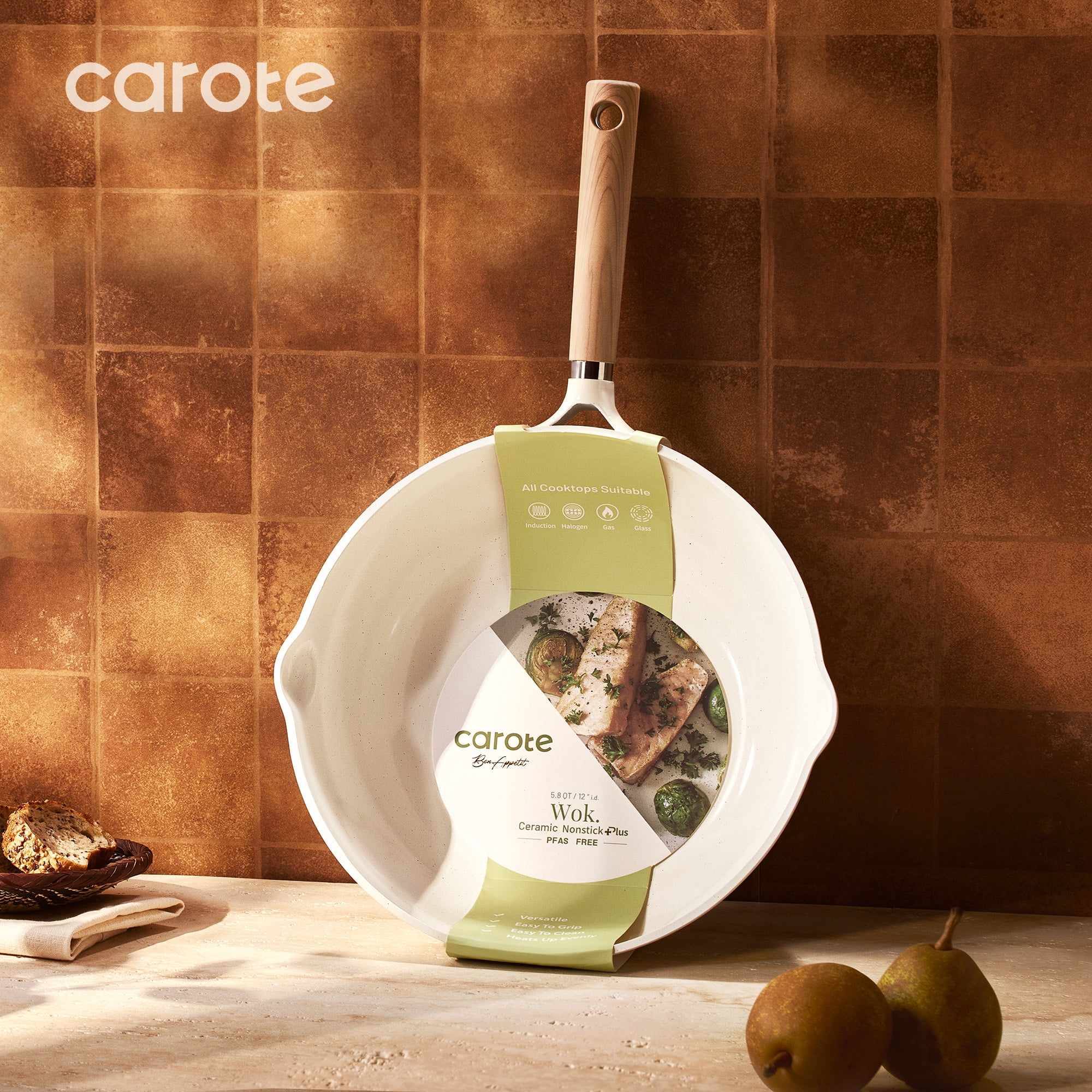 Carote Ceramic Nonstick Wok with Induction 12" Non-Stick Saute Pan, All Stoves Compatible, Bon Appetit, White Granite, 5.8QT