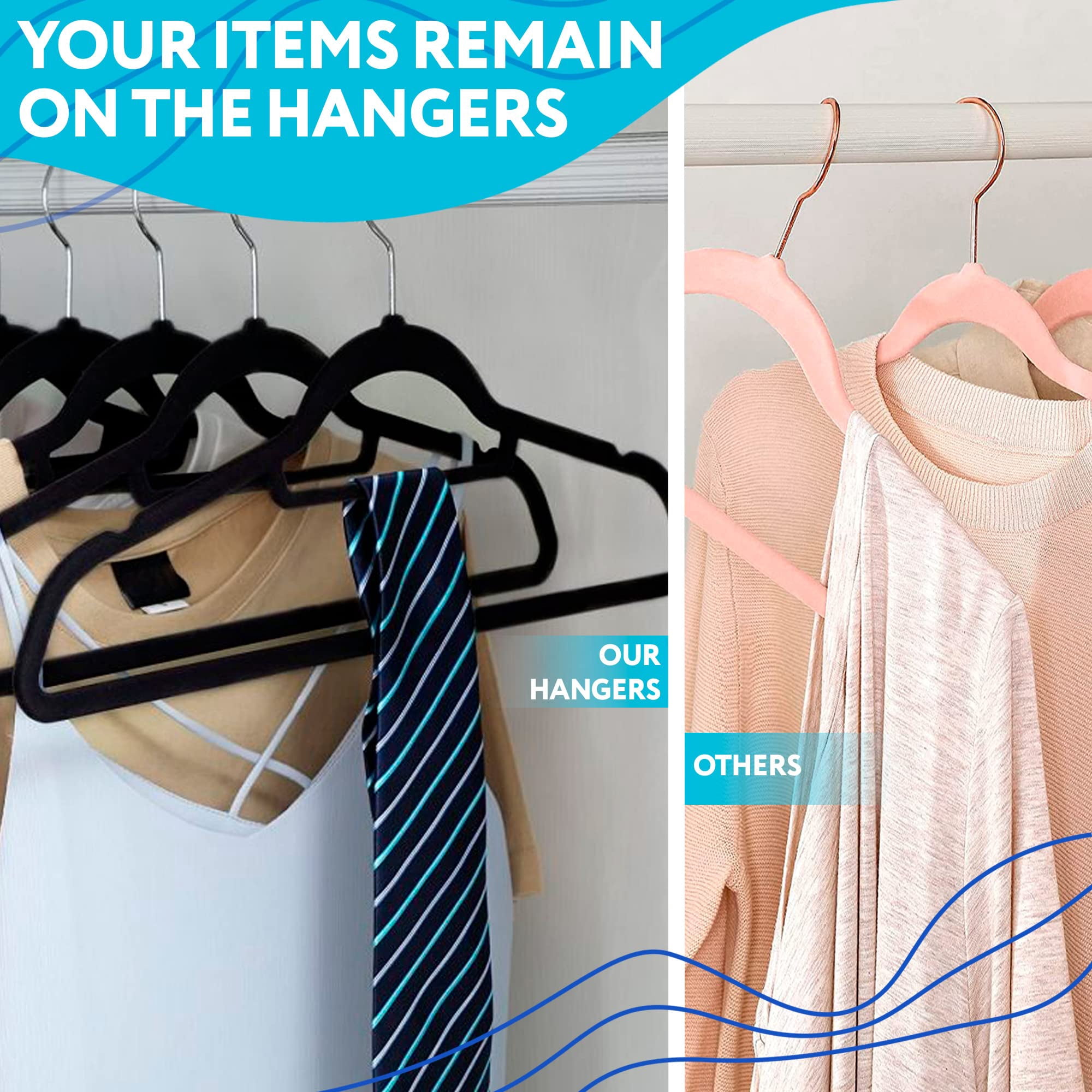 Black Velvet Hangers - Pack of 150 Non Slip with 360 Rotating Chrome Hook, Notched Shoulders