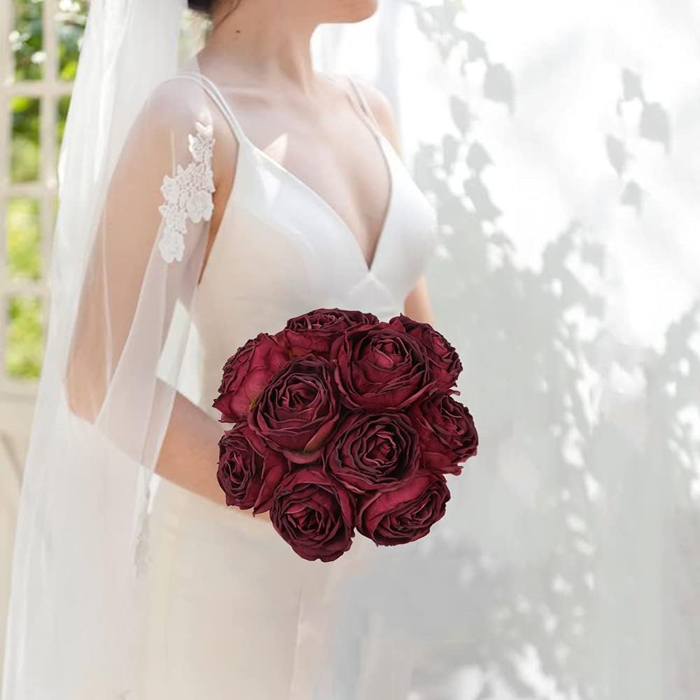 Burgundy Artificial Flowers Roses Heads, Fake Dried Roses Flowers Artificial for Decoration for Dried Floral Bouquet Bridal Party Centerpieces Bridal Bouquets for Wedding (Burgundy)