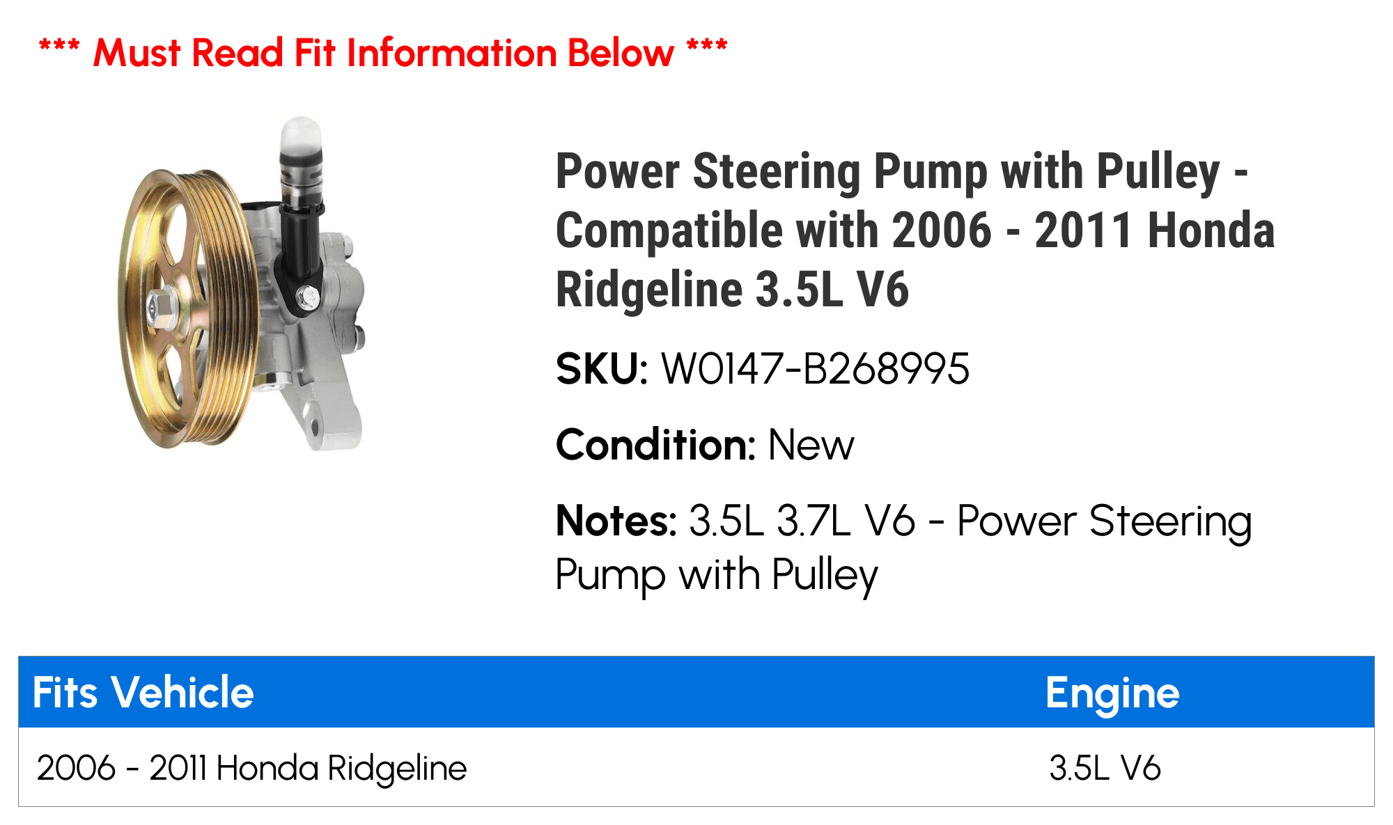 Power Steering Pump with Pulley - Compatible with 2006 - 2011 Honda Ridgeline 3.5L V6 2007 2008 2009 2010