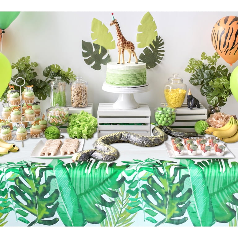 3-Piece Jungle Animal Print Tablecloth Set - Leopard, Palm Leaf, Stripe - 108x54 In