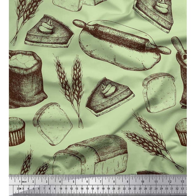 Soimoi Poly Georgette Fabric Rolling Pin,Wheat & Sandwich Bread Food Print Fabric by Yard 52 Inch Wide