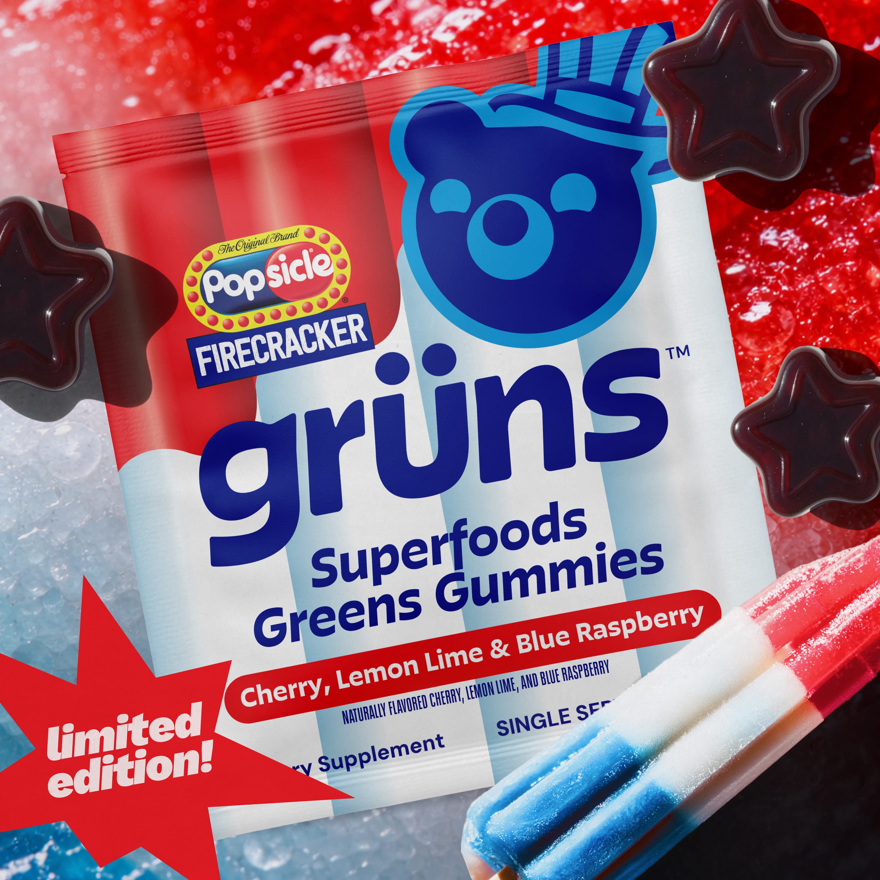 Gruns Firecracker Popsicle Low Sugar Superfoods Greens Gummies - 12 Servings