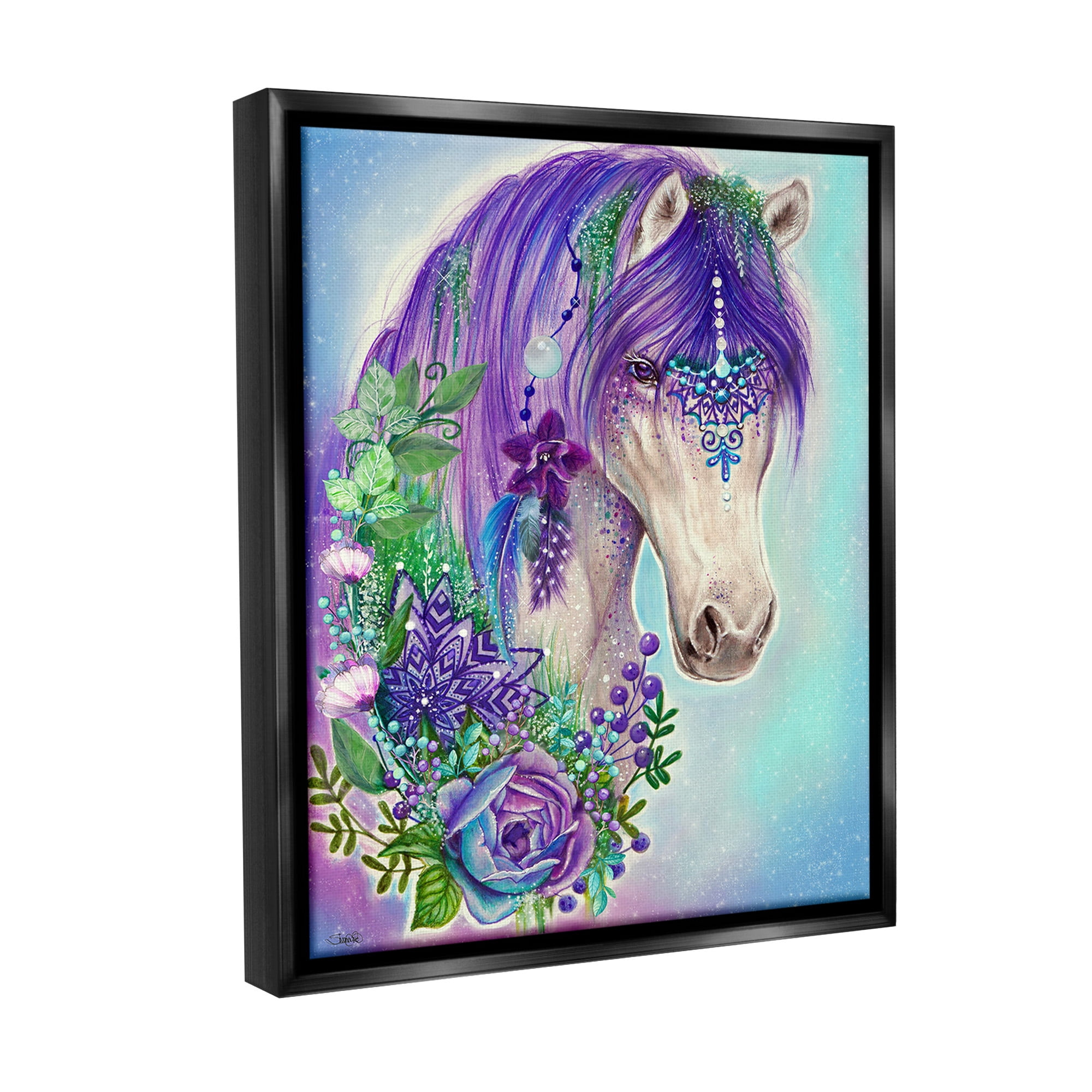 Stupell Industries Horse with Floral Garland Animals & Insects Painting Black Floater Framed Canvas Art Print Wall Art, 25 x 31