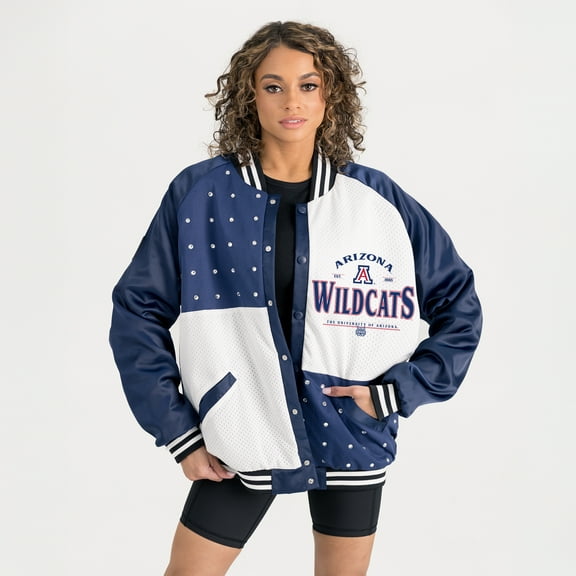 Women's Gameday Couture Navy Arizona Wildcats Oversized Inner Drive Varsity Rhinestone Full-Snap Bomber Jacket