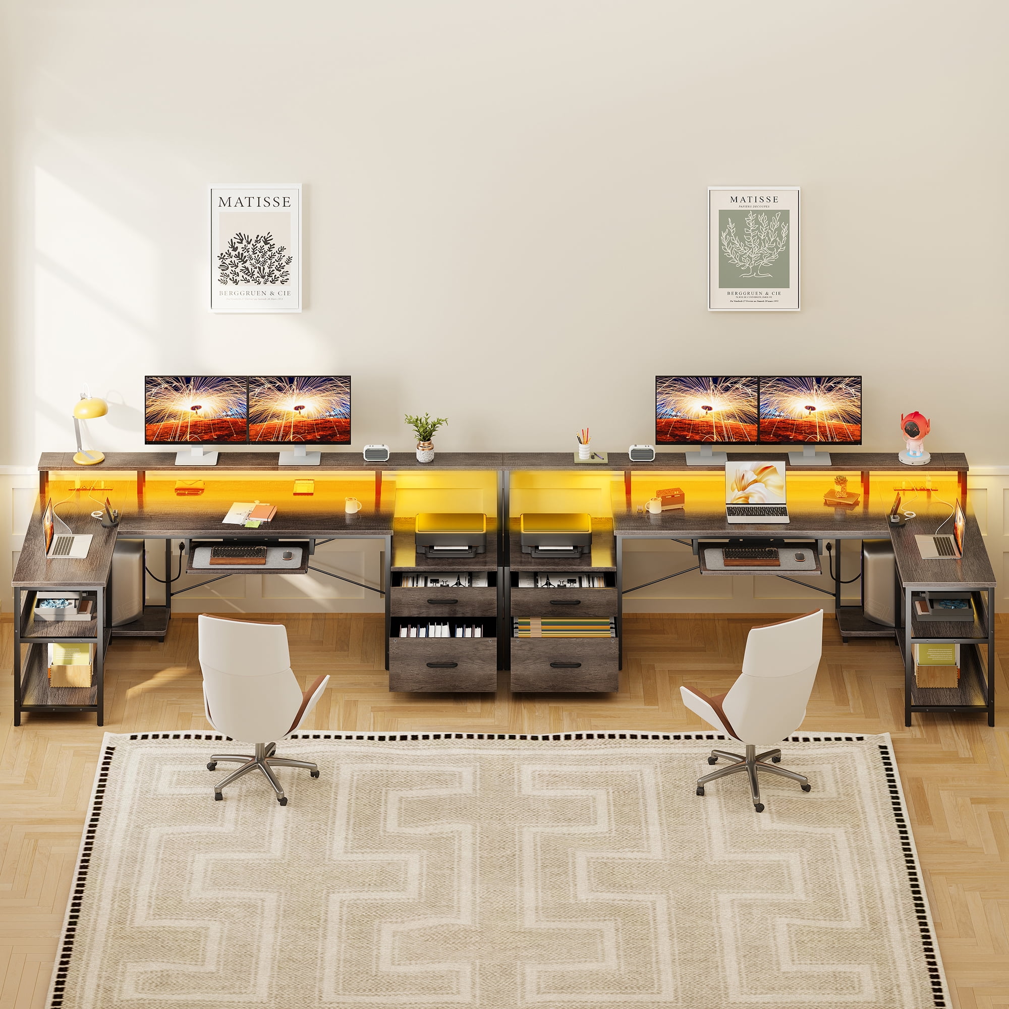 66 inch L-Shaped Gaming Desk with LED Lights & Power Outlets, Corner Computer Desk with 2 Drawers & Storage Shelves, Reversible Workstation for Home Office, Gray