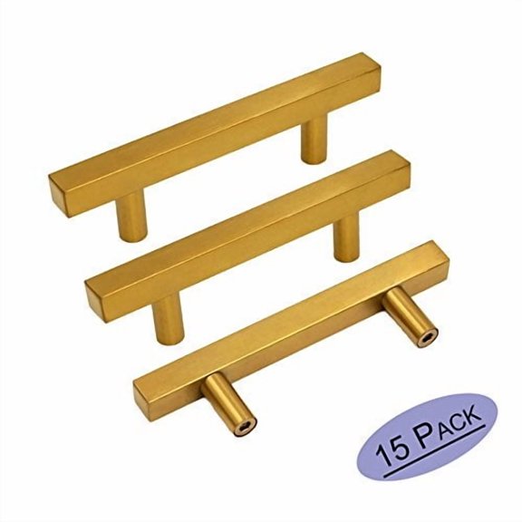 brushed brass cabinet knobs drawer pulls furniture hardware - goldenwarm ls1212gd76 t bar square gold kitchen cabinet door handle 3 inch hole centers bathroom cabinet pulls 15 pack