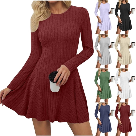 Mutghys Women's Knit Dress Crew Neck Ribbed A Line Dresses Going Out Warm Comfy Pullover Sweater Mini Dress
