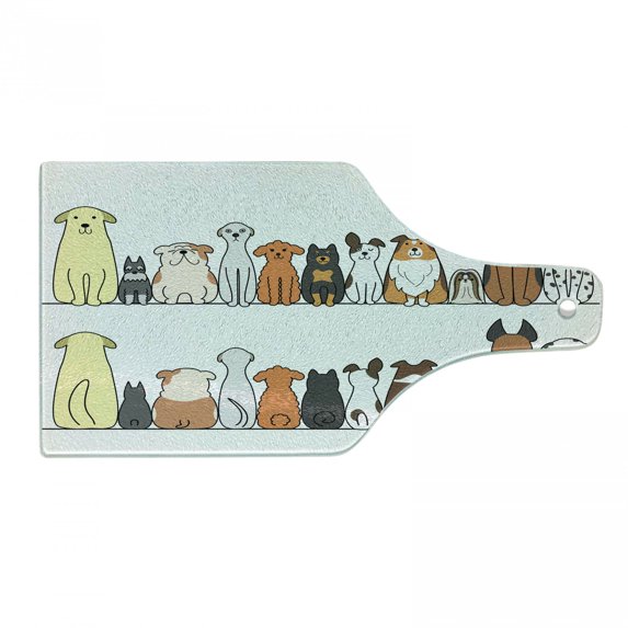 Dog Cutting Board, Multicultural Dog Family in a Row from Back and Front Views Companionship Comic Art, Tempered Glass Cutting and Serving Board, Wine Bottle Shape, Yellow Brown, by Ambesonne