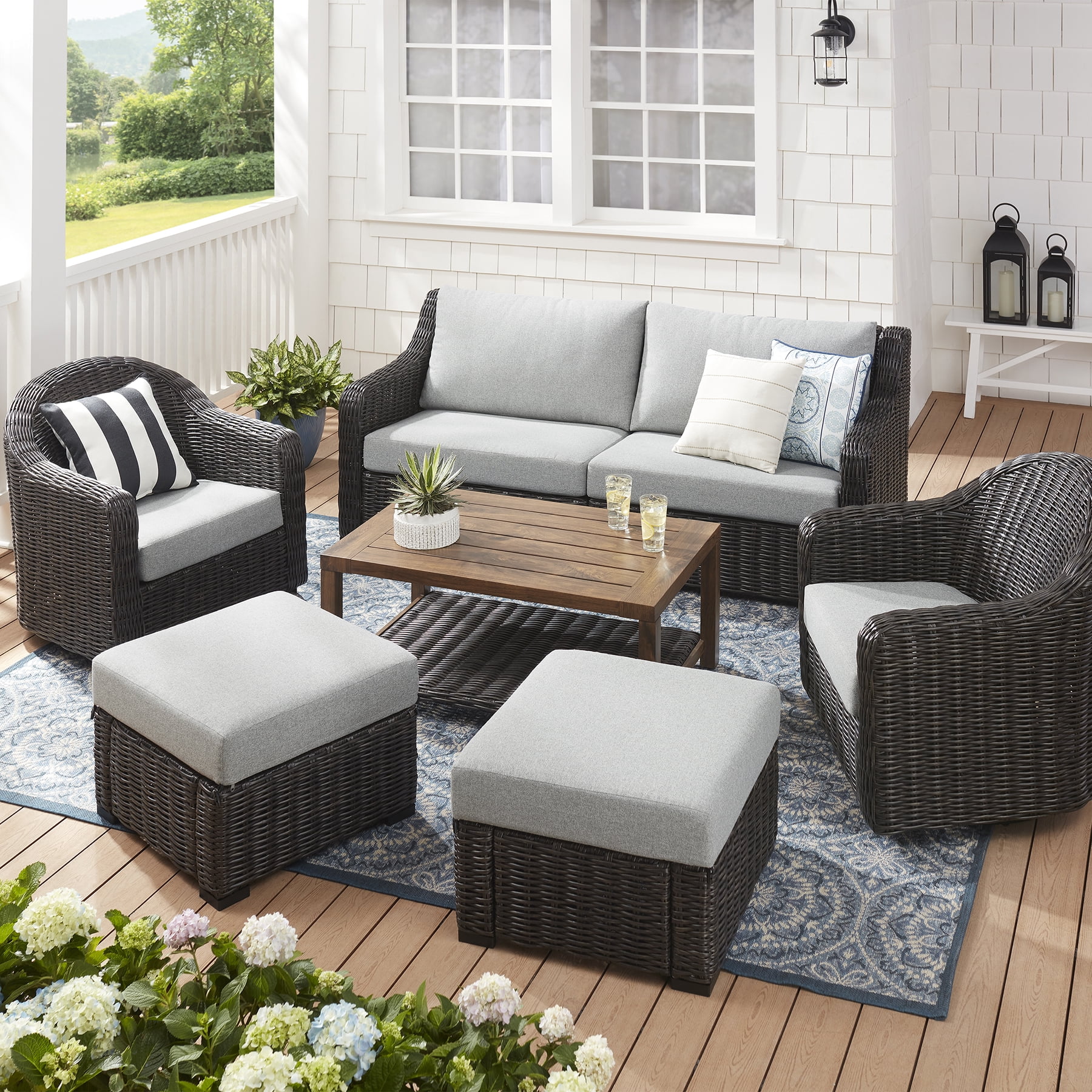 Better Homes & Gardens Bellamy 4 Piece Patio Conversation Set with Barrel Back Chairs, Dark Brown