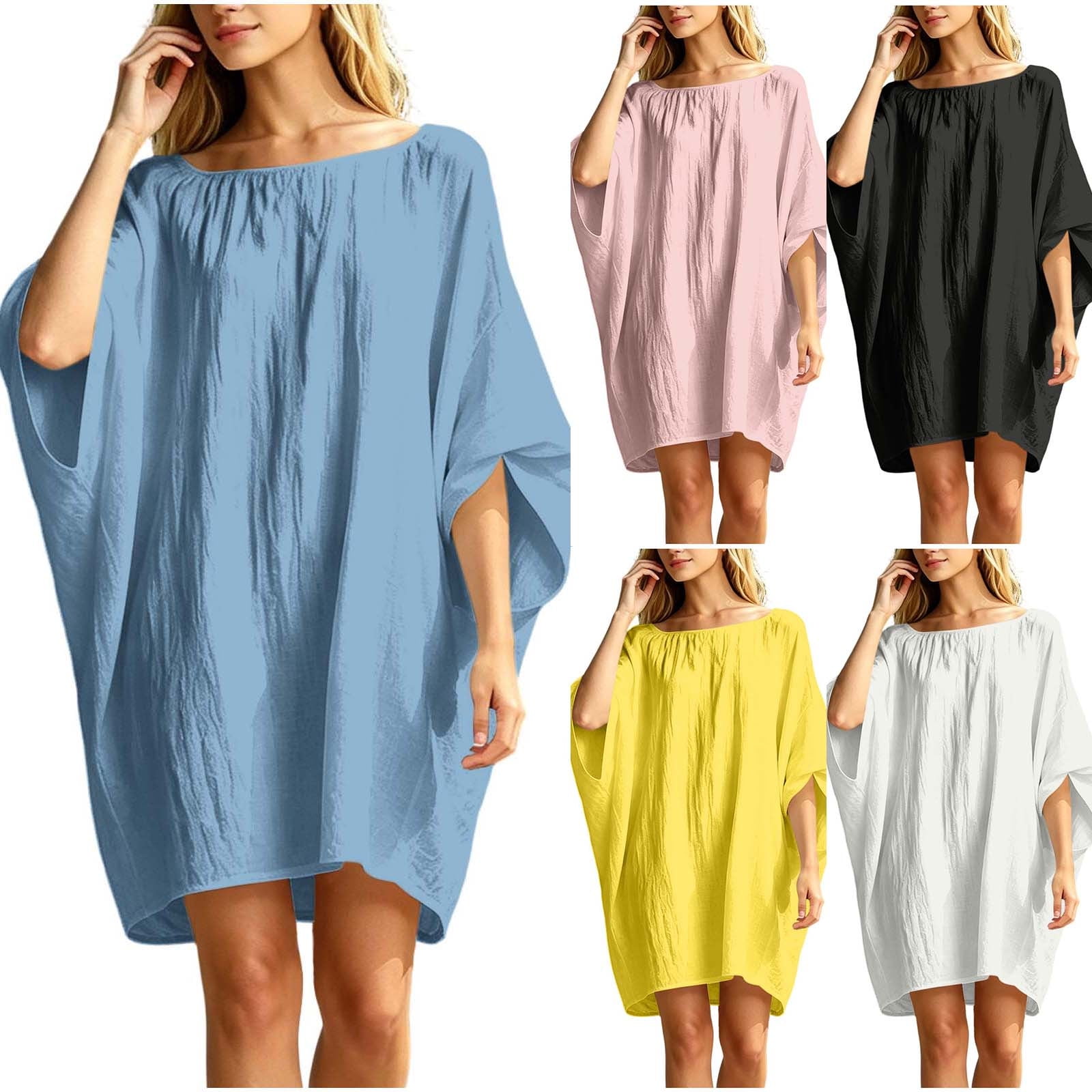 Gswybco Summer Mini Dress for Women Loose Knee Length Batwing Sleeve Dress Solid Color Crew Neck Tunic Dress with Pockets