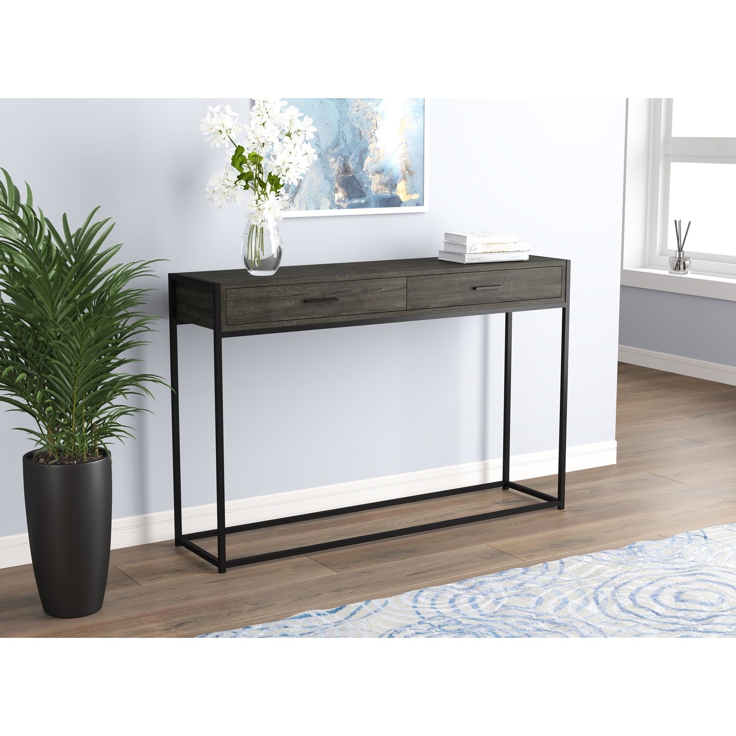 Safdie & Co. Table Console Bois Gris, 2 Tirroir Avec Base En Metal Noir