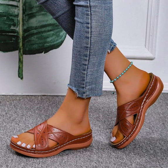 KBODIU Sandals Women Athletic Comfortable Outdoor Sandals with Arch Support Walking Sandals for Women Sandals Car Stitched Thick Bottom Cross Wedge Half Slippers for Spot/Beach/Home Brown 36