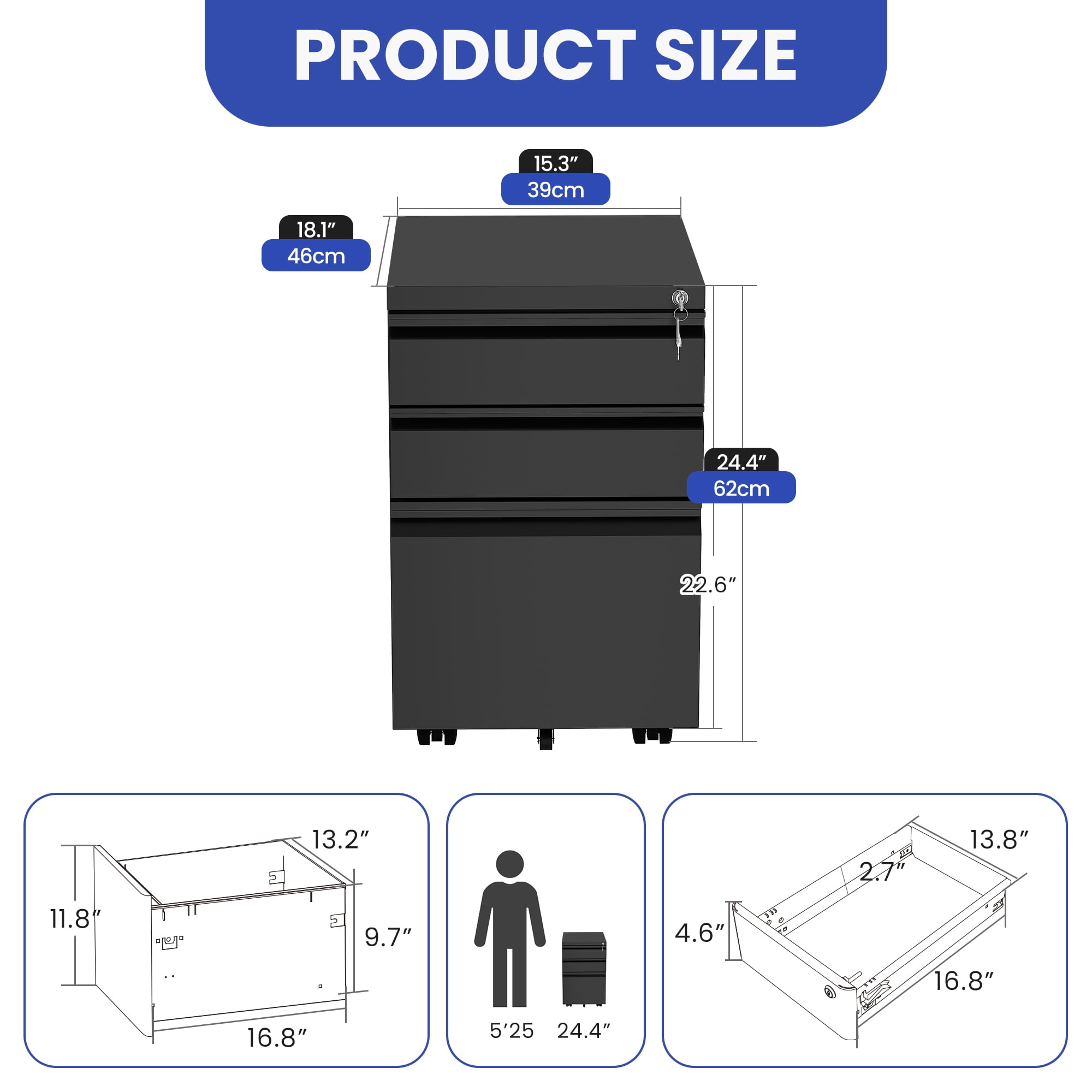 ModFusion 3-Drawer Metal File Cabinet Fits Letter, Legal, & A4, Black