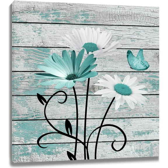 Farmhouse Floral Wall Art for Living Room, Teal and White Daisy Flower and Butterfly on Rustic Wood Board Canvas Wall Art Framed Artwork Ready to Hang for Bathroom Bedroom Decor,12L X 12W Inches
