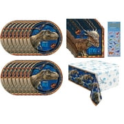 Jurassic World Birthday Party Supplies Bundle Includes 16 Party Paper Plates 9", 16 Paper Napkins 2-Ply 6.5", 1 Table Cover, 1 Dinosaur Sticker Sheet