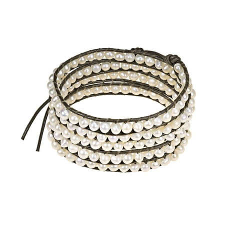 Aeravida Tribal White Purity Bracelet Cultured Freshwater Pearl Tribal White Purity Bracelet Cultured Freshwater Pearl Snake Cord Leather Five Wrap