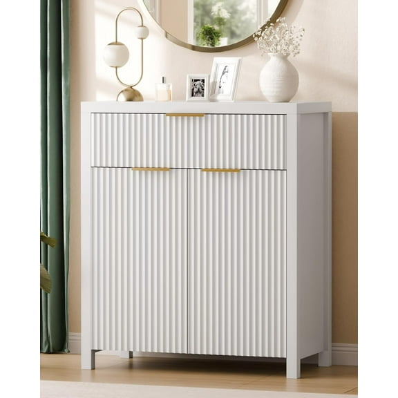 Lulive White Fluted Storage Cabinet with Drawers Buffet Sideboard Cabinet with Adjustable Shelves for Kitchen Living Room, Kitchen, Entryway