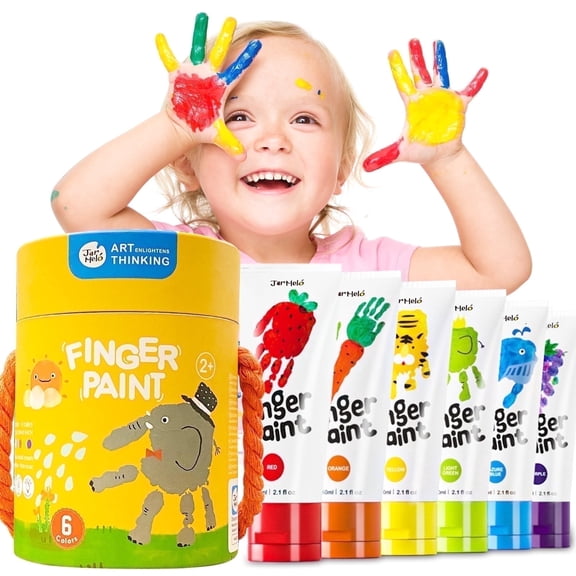 Jar Melo Washable Finger Paints for Toddlers, 6 Colors Large Capacity (2.1fl oz), Non Toxic Baby Paint for Hand and Feet, Safe Art Supplies, Preschool Learning Gifts for Kids Age 2