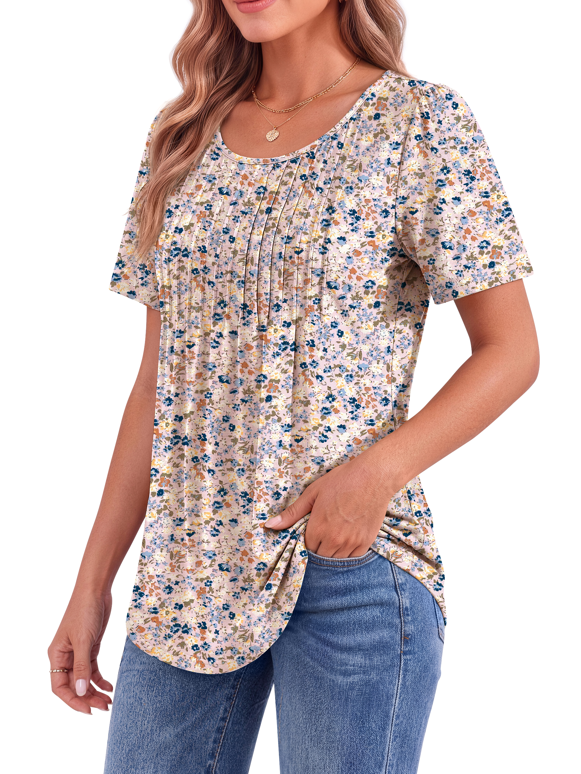 Fantaslook Women's Pleated Tunic Blouse, Short Sleeve, Pink photo 3