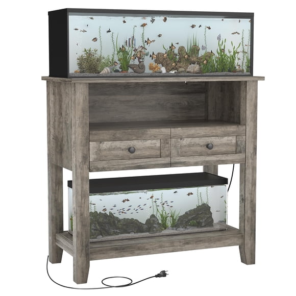 Aquarium Stand with Charging Station – 20-29 Gallon, Heavy Duty 660LBS Fish Tank Stand, Drawers & Open Storage Cabinet – Gray Color