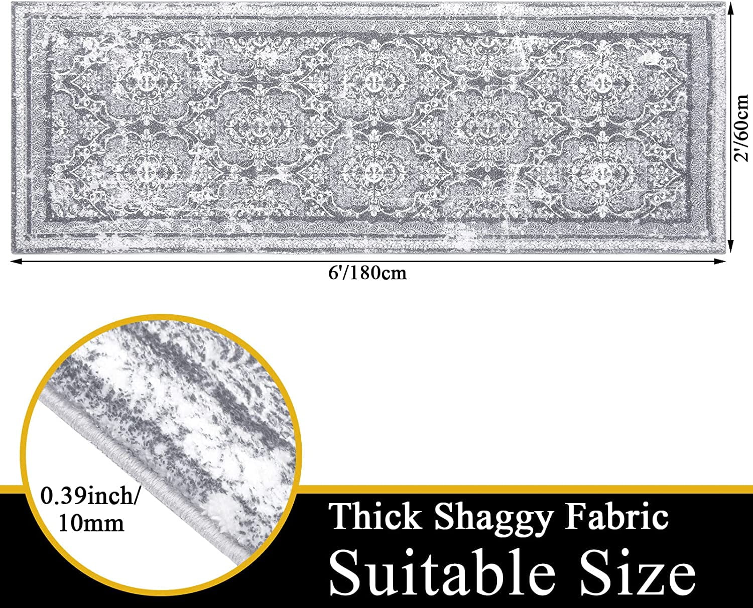 Ileading 2' x 6' Boho Runner Rug, Non Slip Washable Shaggy Soft Carpet Area Rug for Hallways Entryway Bedroom