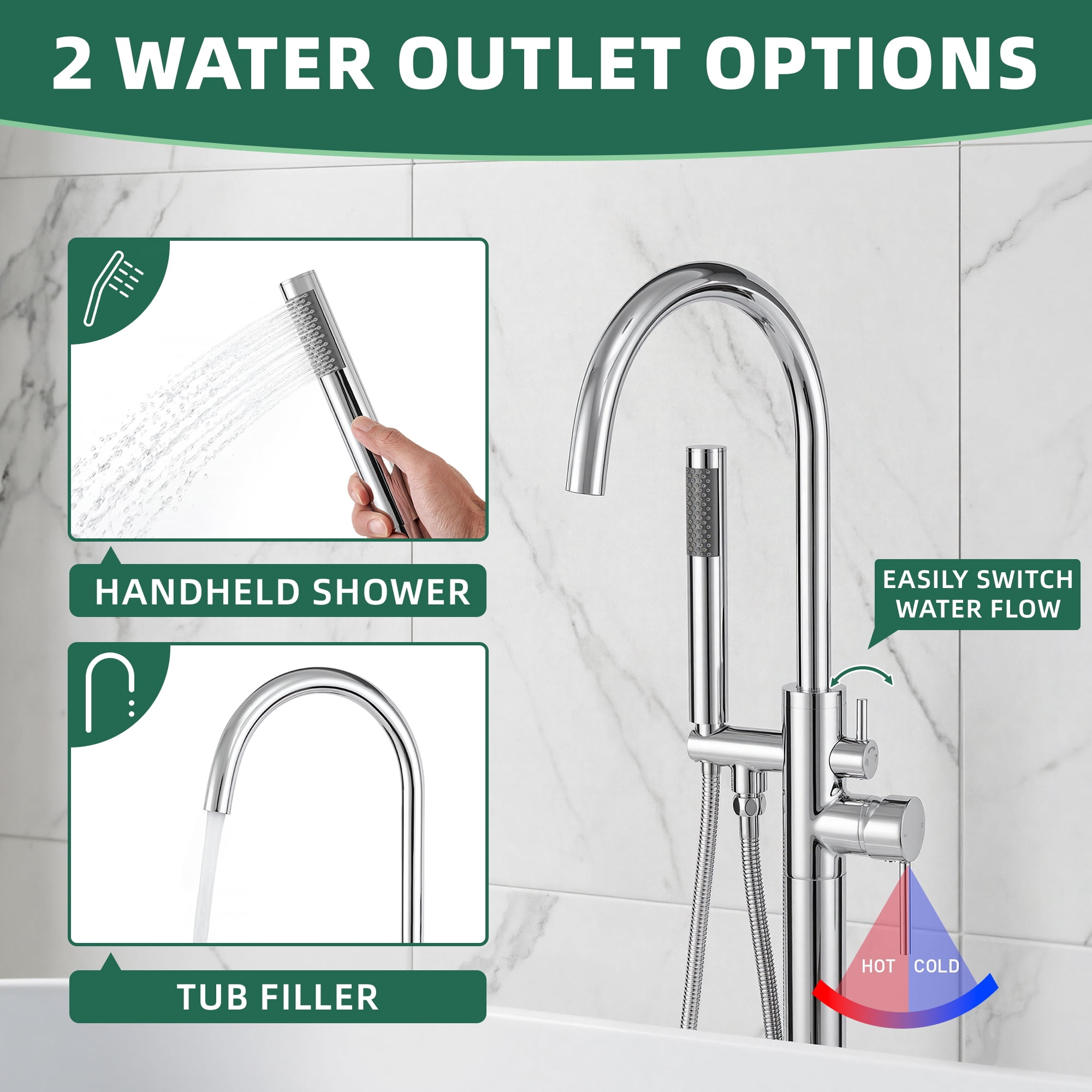 Free Standing Tub Faucet, High Flow Freestanding Bathtub Faucet with Handheld Shower & Gooseneck Spout, 360°Swivel Tub Filler, Brass Body, Chrome