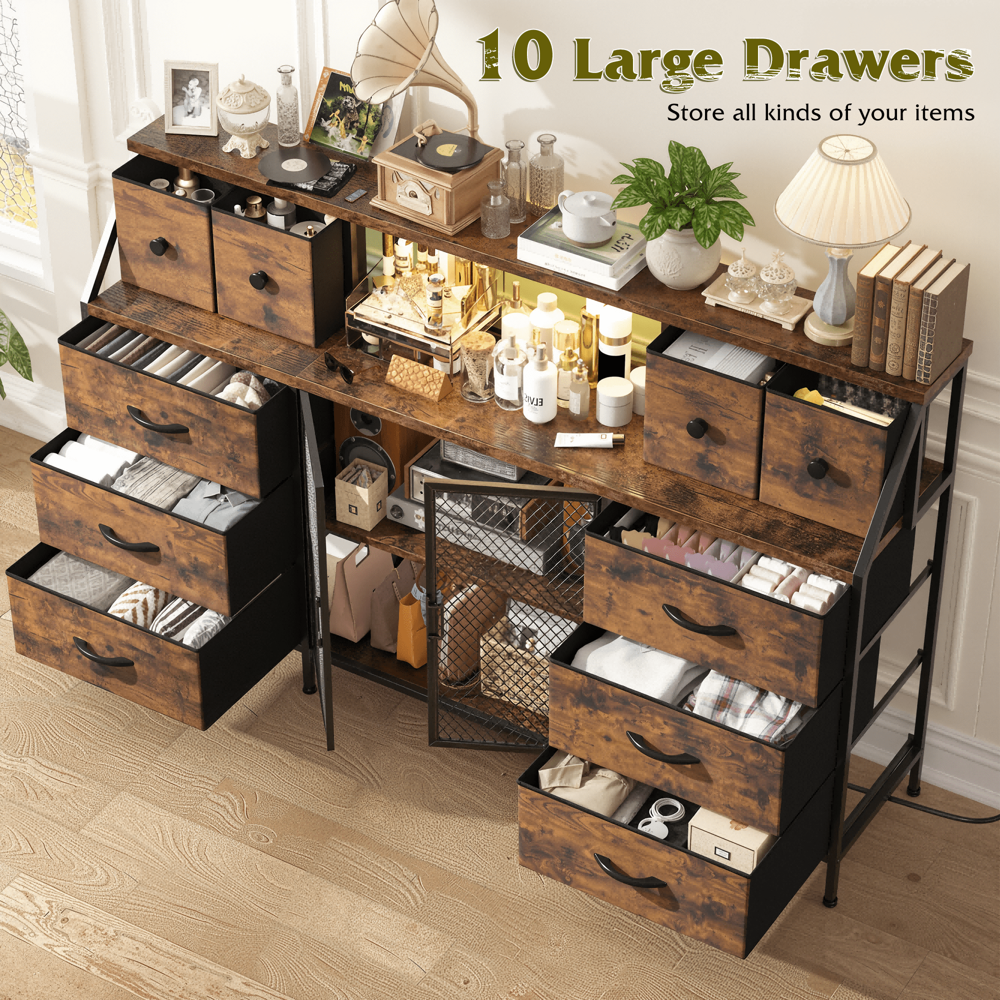 Romorgniz Dresser for Bedroom with 10 Fabric Drawers & Mesh Door 55" Long Dressers & Chest of Drawers with LED Lights & Charging Station for Living Room, Rustic Brown